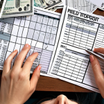 ** A person looking overwhelmed by bills and debt statements scattered on a table. The mood is anxious but with a glimmer of hope visible through a budget planner in the background. Focus on realistic details and relatable emotion.

**