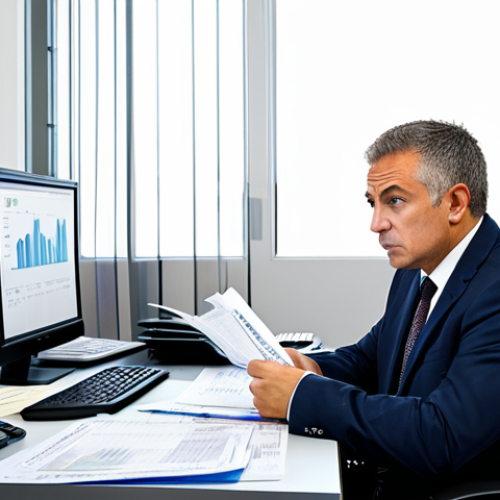 Home 19 A professional individual, fully clothed in a modest business suit, sitting at a modern desk cluttered with various financial documents like loan statements, mortgage papers, and credit card bills. The individual's expression shows determination mixed with initial concern, as they begin to organize the paperwork. A computer screen in the background displays abstract graphs of fluctuating interest rates and inflation data. The setting is a well-lit, contemporary office. The image should feature perfect anatomy, correct proportions, well-formed hands, and a natural pose. This is a safe for work, appropriate content, professional, and family-friendly image.