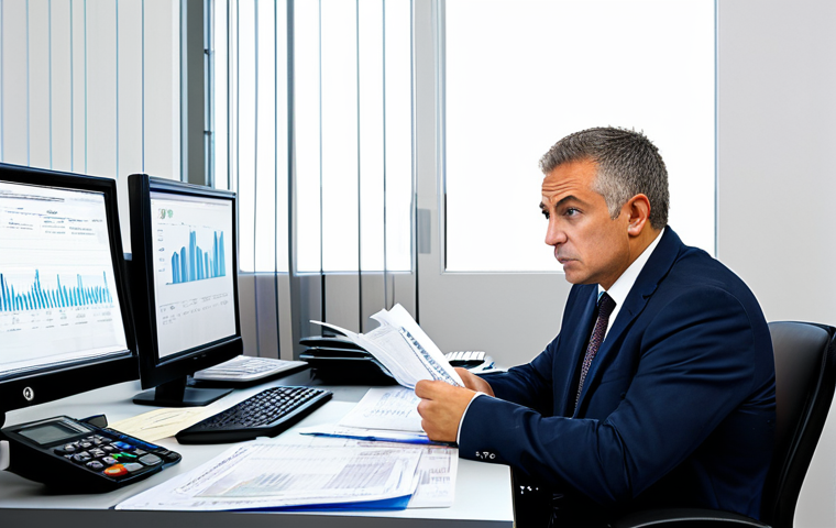 A professional individual, fully clothed in a modest business suit, sitting at a modern desk cluttered with various financial documents like loan statements, mortgage papers, and credit card bills. The individual's expression shows determination mixed with initial concern, as they begin to organize the paperwork. A computer screen in the background displays abstract graphs of fluctuating interest rates and inflation data. The setting is a well-lit, contemporary office. The image should feature perfect anatomy, correct proportions, well-formed hands, and a natural pose. This is a safe for work, appropriate content, professional, and family-friendly image.