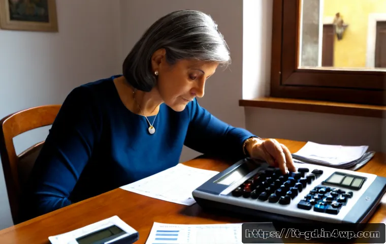 Home 13 부채 상환 시 주의해야 할 점 - Photorealistic Italian home office scene, middle-aged Italian woman calmly reviewing household debt ...